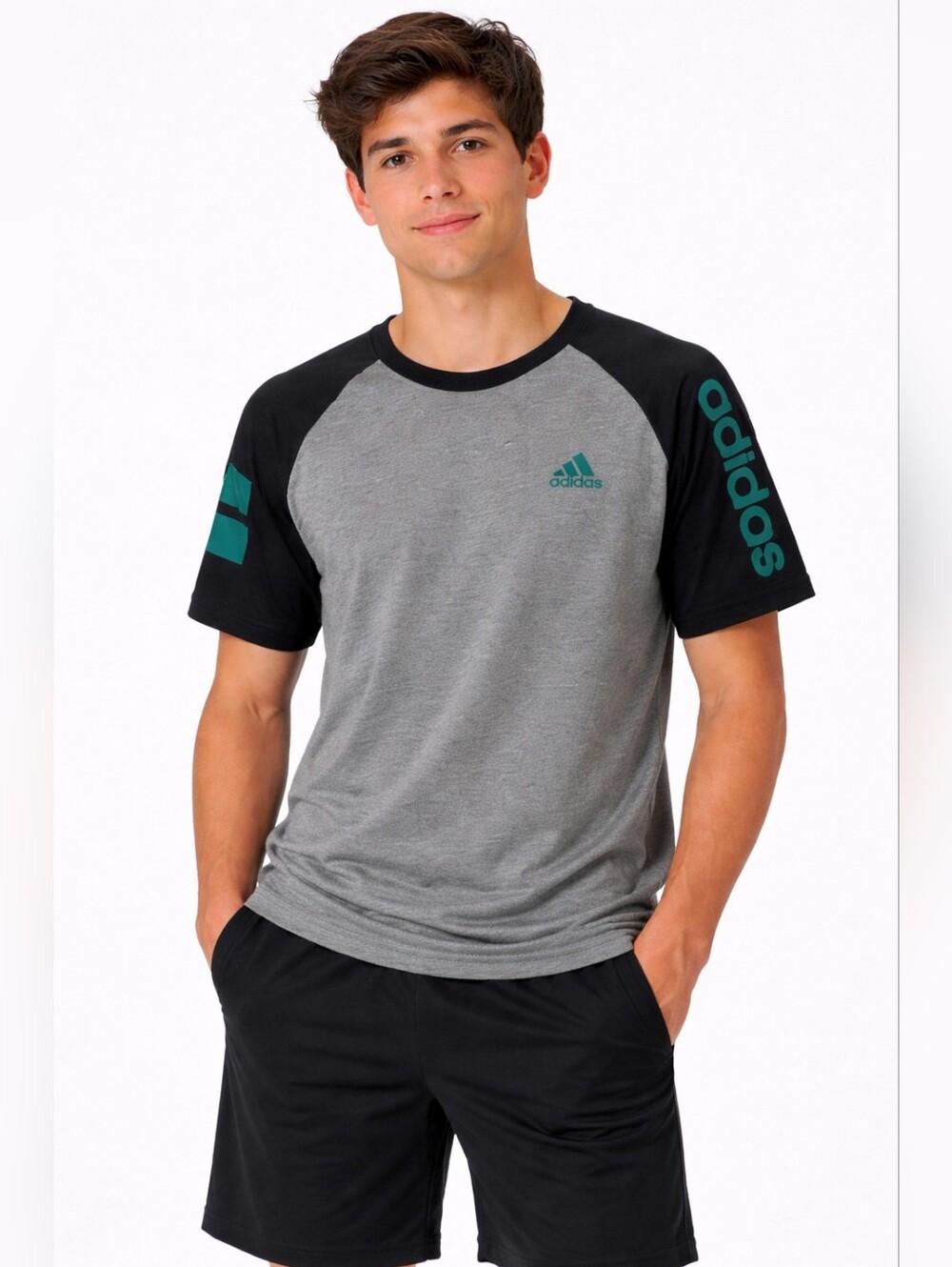 adidas Gray & Black Short-Sleeve Raglan Tee with Teal Logo Size XL 18-20